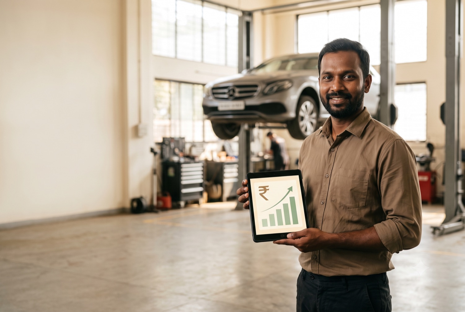 A an auto garage owner with their books handled