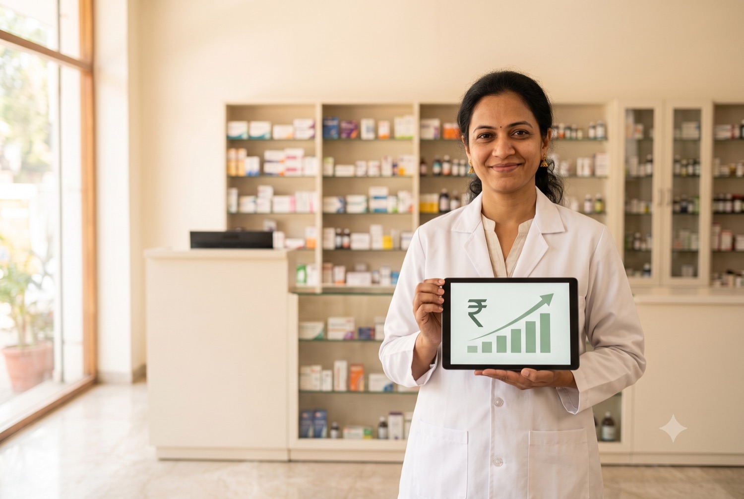 A a pharmacy owner with their books handled